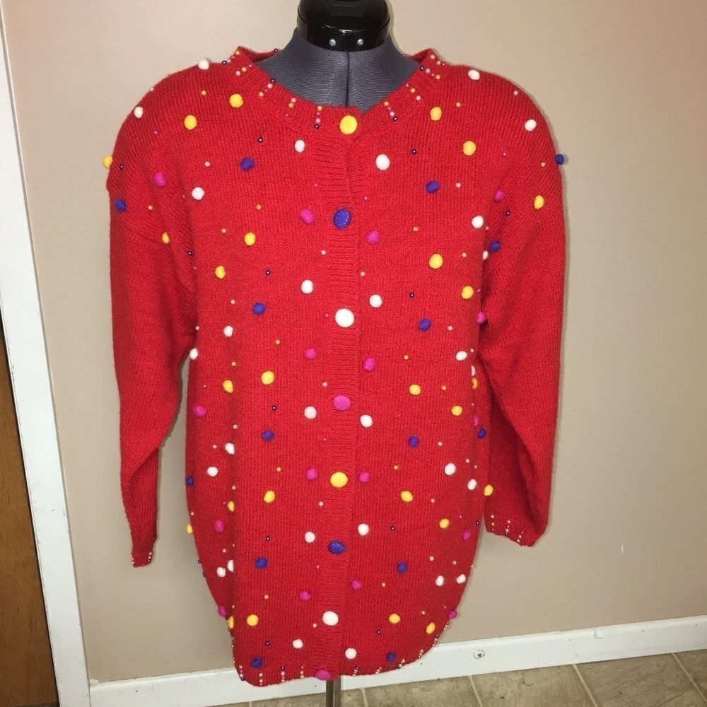Vintage 80's Carducci Red Pom Cardigan Size Med